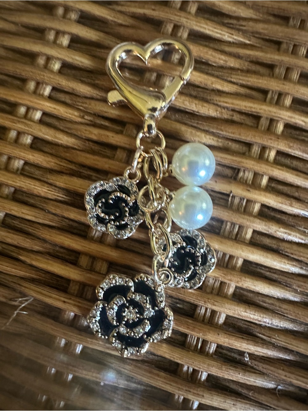 Gold Heart Clip Charm with Black Enamel Floral Dangles and Pearl Beads